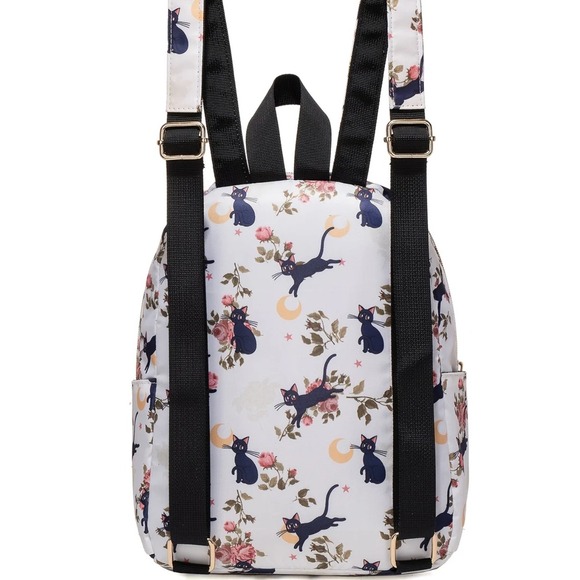 Floral Cat Backpack Mini White Cute Black Kitten Roses School Travel Bag New - Picture 3 of 6